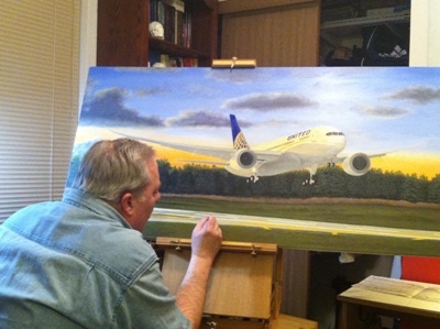 Mark W. Romanowitz working on United Airlines 787 painting